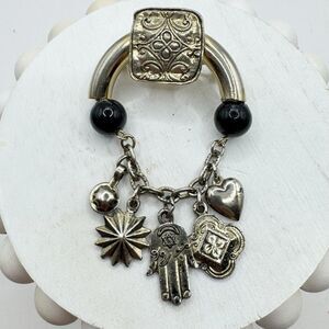 Vintage Jewish Hand of Hamsa Good Luck Charms Brooch Heart Love Star Of David
